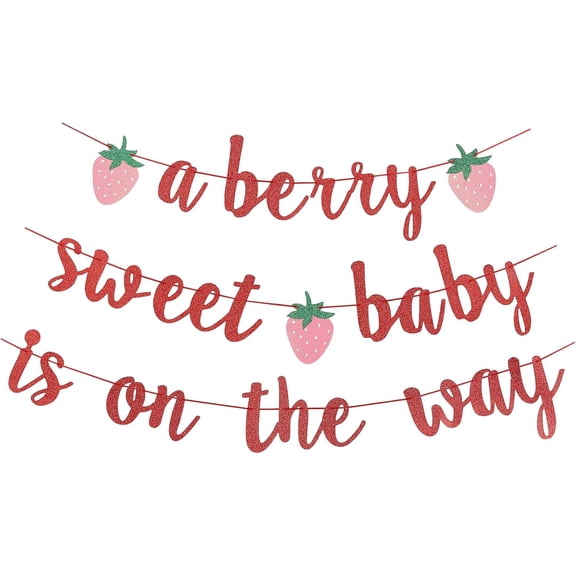 A Berry Sweet Baby is On The Way Banner Strawberry Girl Baby Shower Party Decorations Kids' First Birthday Supplies Fun Paper Party Sign - Red Glitter Letters