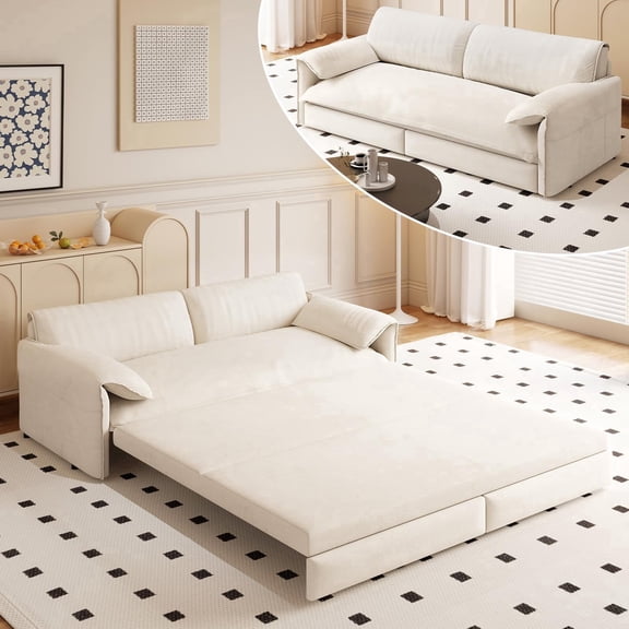 QuzyAor 66" Queen Size Sofa Bed,love seat with pull out sleeper mattress,Modern Velvet Loveseat for Living Room,Apartment,Bedroom,White