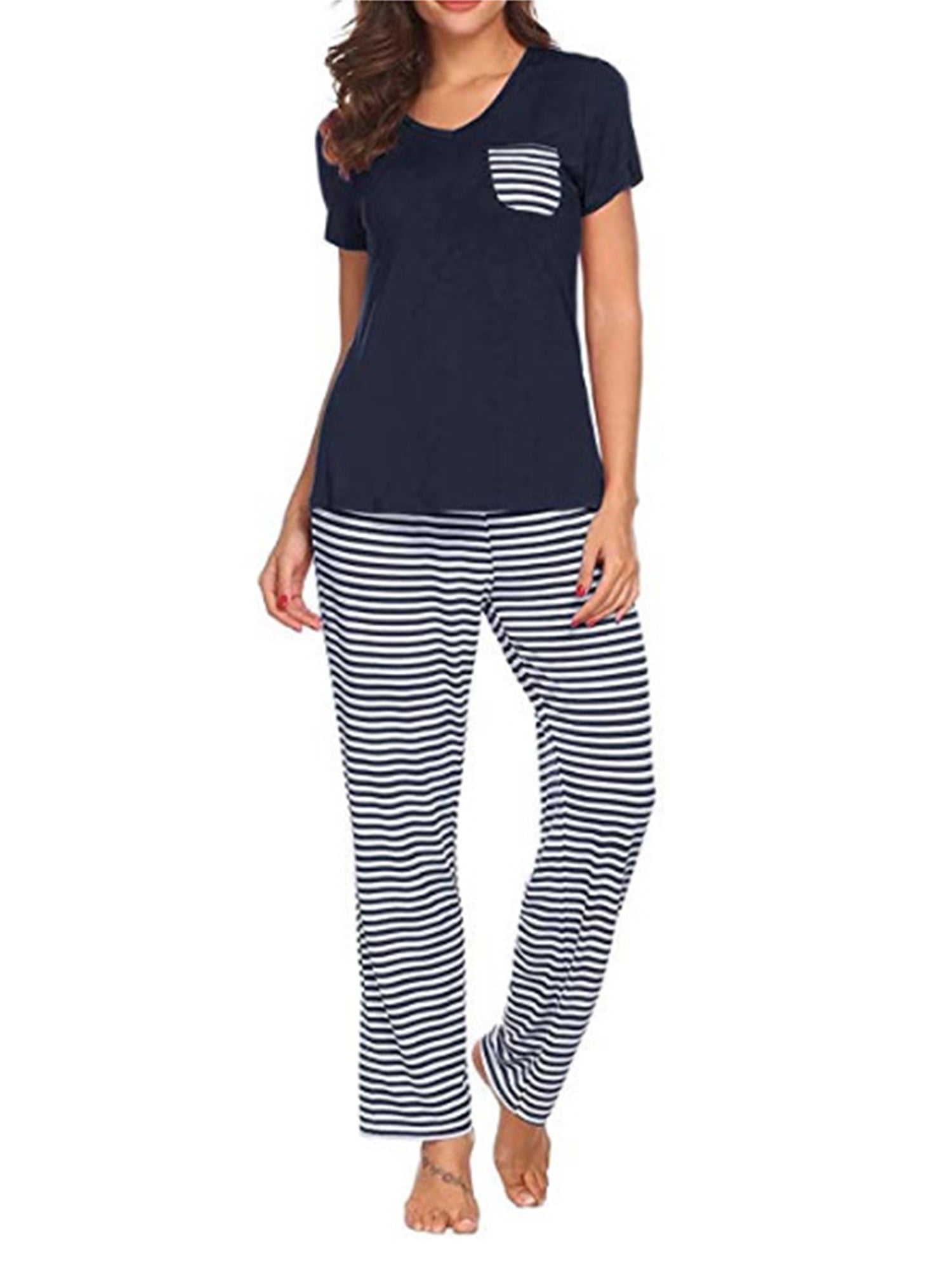YYA Women's Pajama Set Short Sleeve Top with Long Pants sleepwear Sets Comfy Pjs S-XXL 