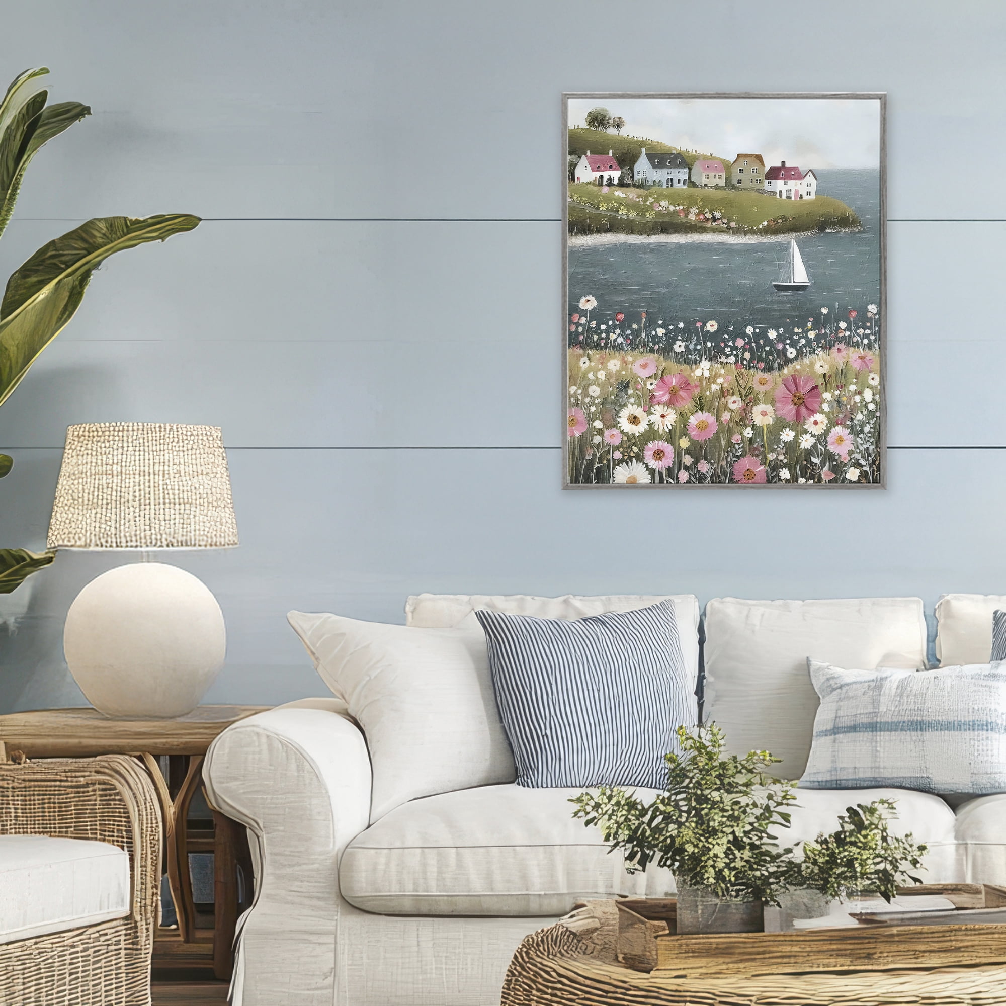 Stupell Industries Pink Meadow & Sailboats Gray Framed Giclee Art, design by Riley B