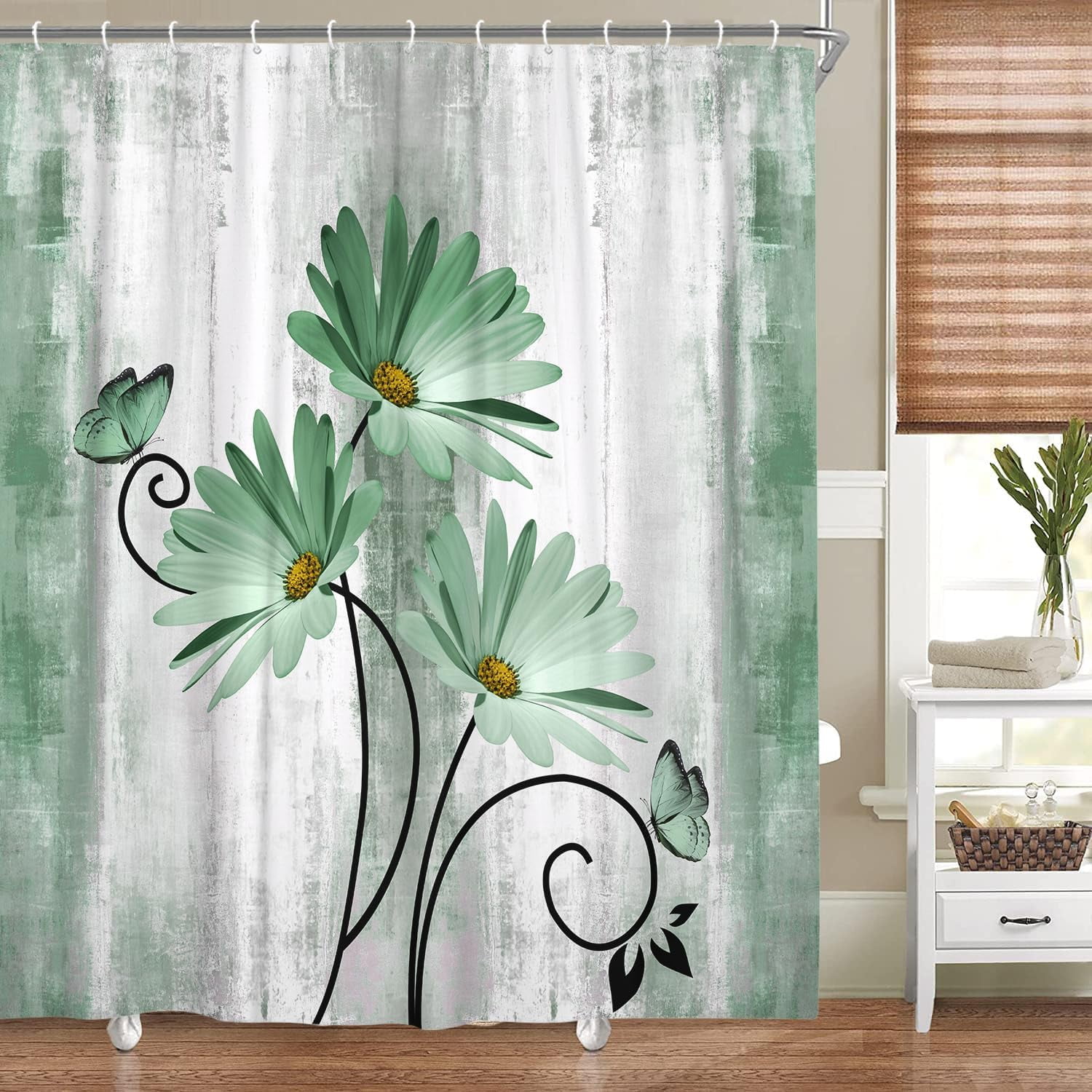 Rustic Farmhouse Shower Curtain, Farm Sage Green Daisy Floral Flowers and Butterfly on Country Wooden Shower Curtain for Bathroom, Turquoise Teal Gray Grey Shower Curtain with 12PCS Hooks, 72X84IN