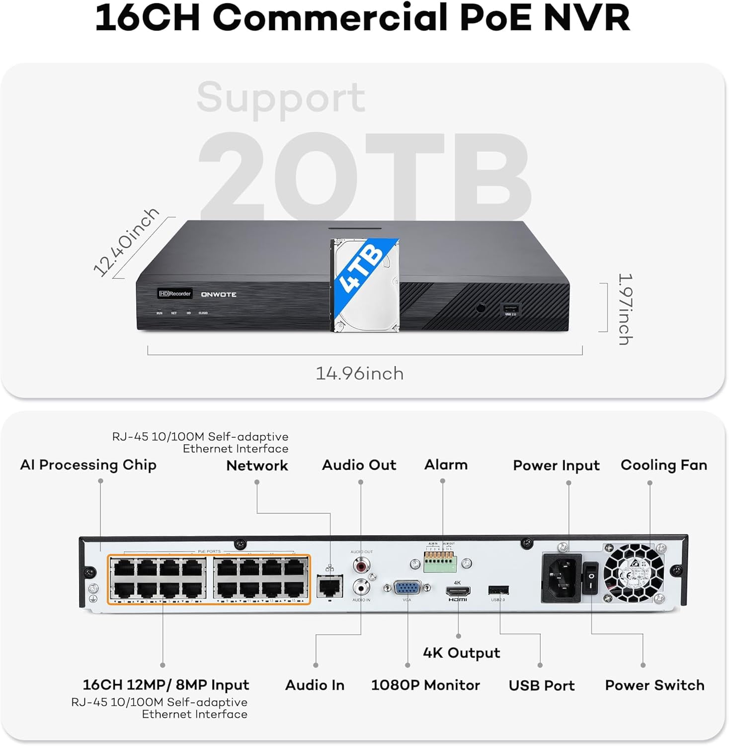 ONWOTE 12MP NVR 16 Channel Security Camera System, 16x 4K 8MP Vandal Proof Audio PoE IP Cameras, Smart Color Night Vision, 16CH Commercial NVR 4TB, Wired Outdoor CCTV for Businesses