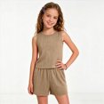 thumbnail image 2 of KPOPLK Girl's 2 Piece Outfits Summer Solid Color Linen Tank Top and Paperbag Waist Striped Shorts Set for 8 9 10 11 12Years(11 Years,Khaki), 2 of 7