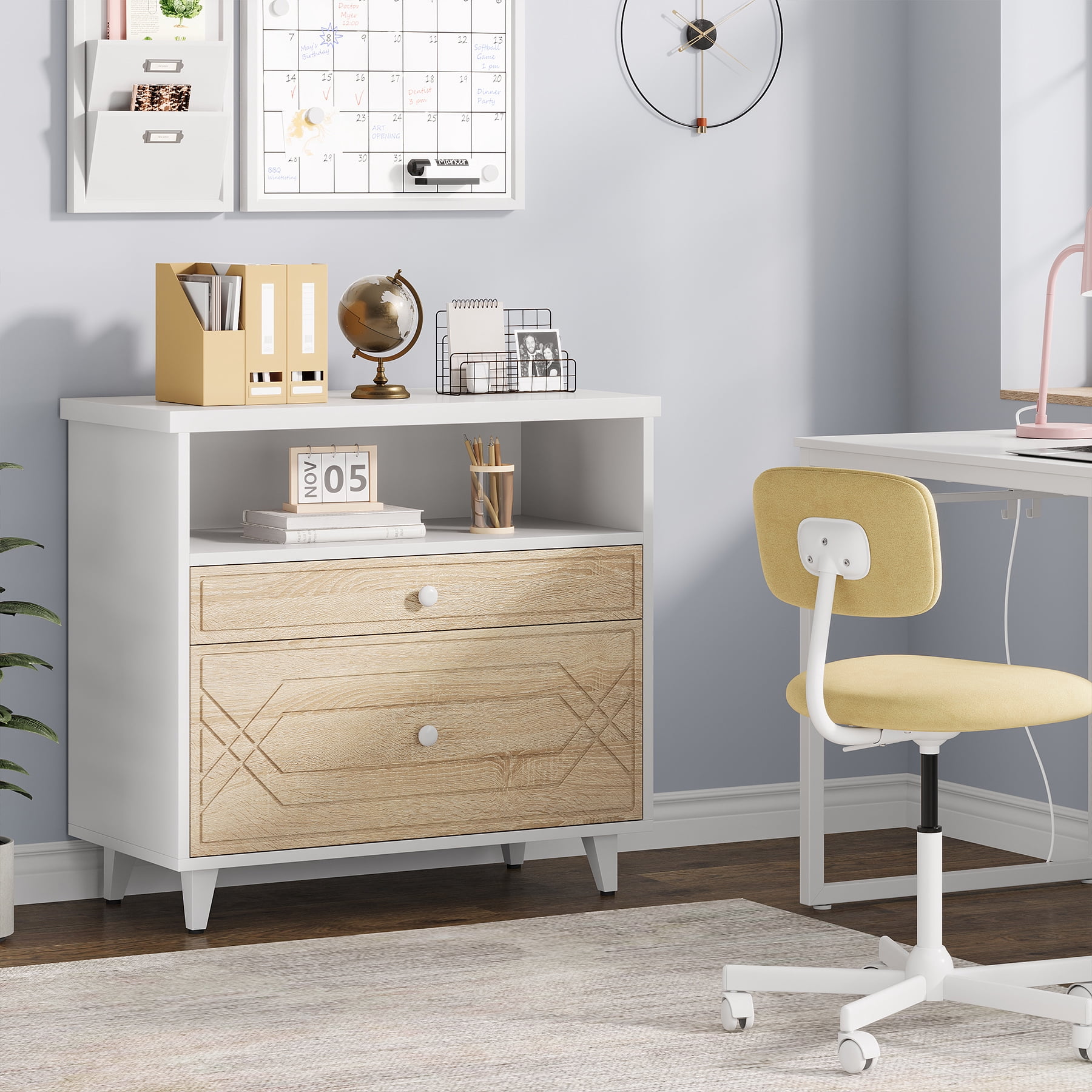Condemo Large Storage MDF Board Metal Lateral File Cabinet Printer Stand, White and Light Brown