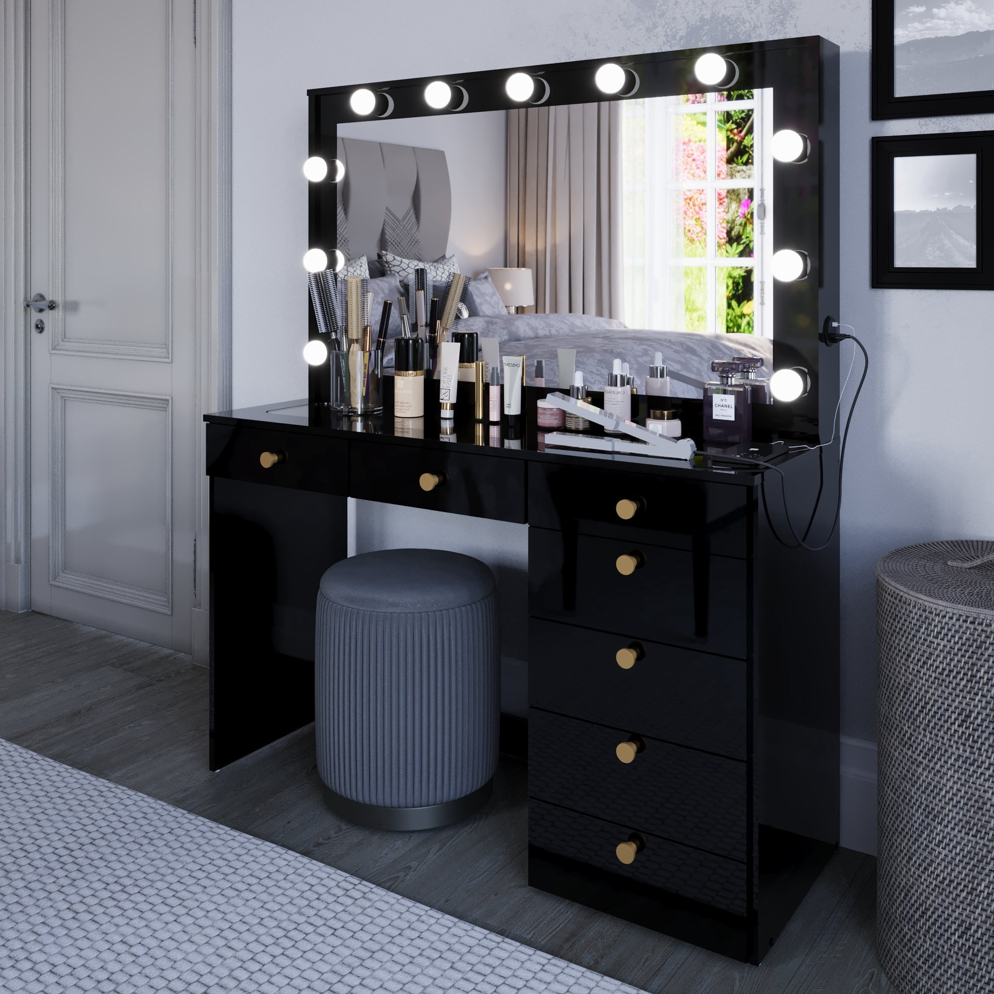 Ember Interiors Nadia Makeup Vanity with Lights, 7 Drawers, Power Outlet, Gold Knobs, Black