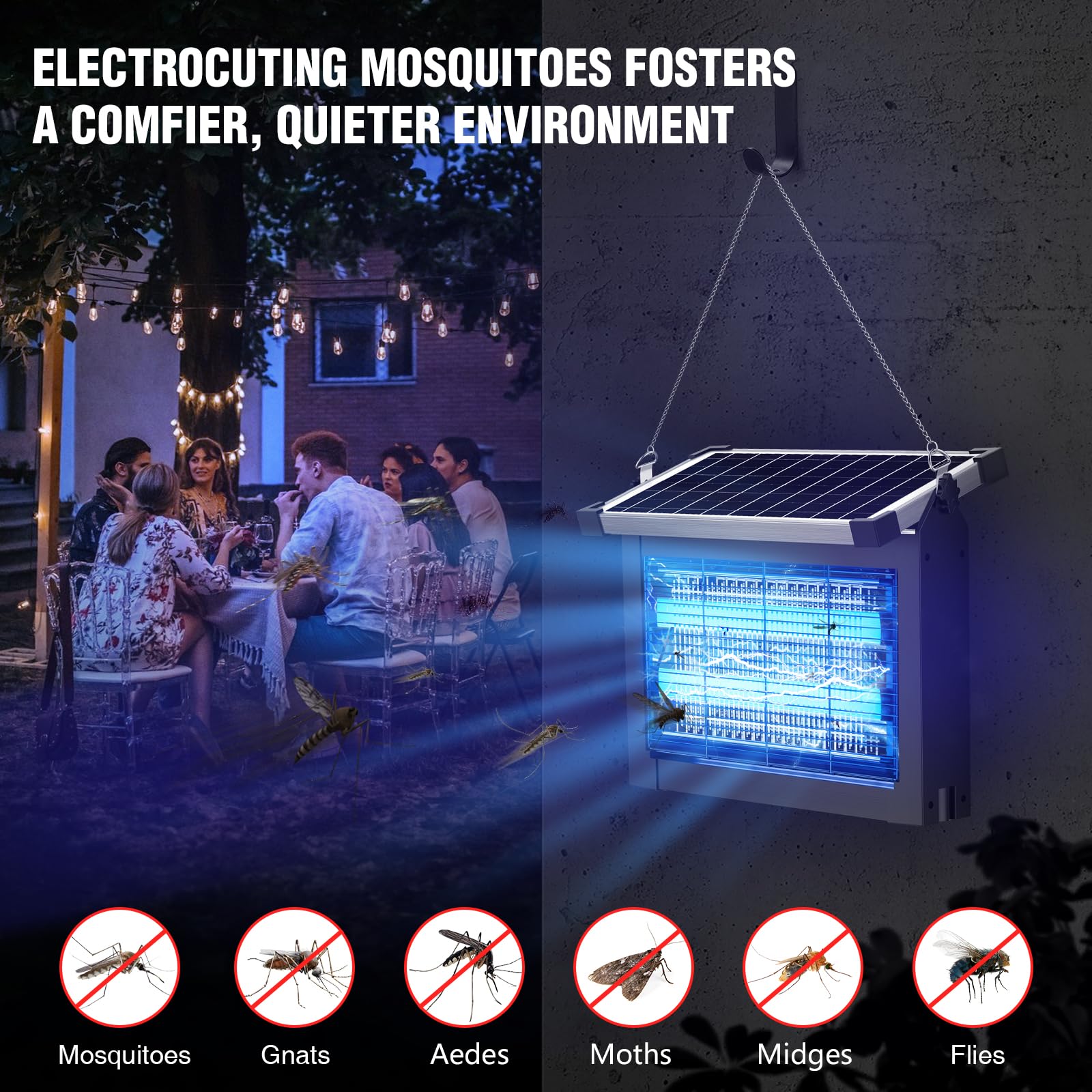 Solar Zapper Outdoor  4500v Mosquito Waterproof With Panel Sensor Electric Fly Rechargeable Killer 10ft Extension Cord Ideal For Patio Backyard Camping