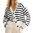 thumbnail image 3 of V Neck Button Down Long Sleeve Open Front Ribbed Knit Outerwear Womens Striped Cardigan Sweaters, 3 of 6