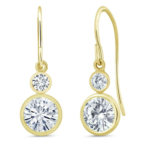 Gem Stone King 14K Yellow Gold Moissanite and White Lab Grown Diamond Drop Dangle Earrings for Women (1.80 Cttw, Gemstone Birthstone, Round 6MM and 3MM)