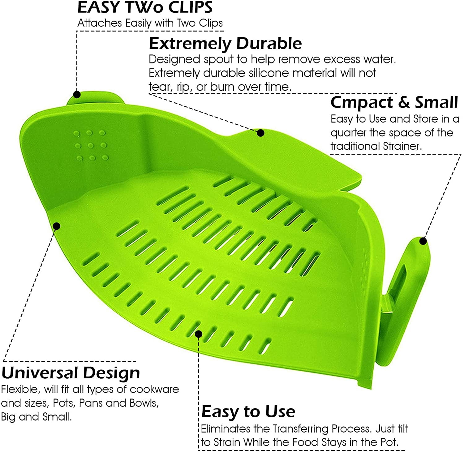 VICVEO Silicone Clip on Strainer, Patented Clip on Silicone Colander, Clip-on Kitchen Food Strainer for Pasta,Fits Almost Pots (Green)