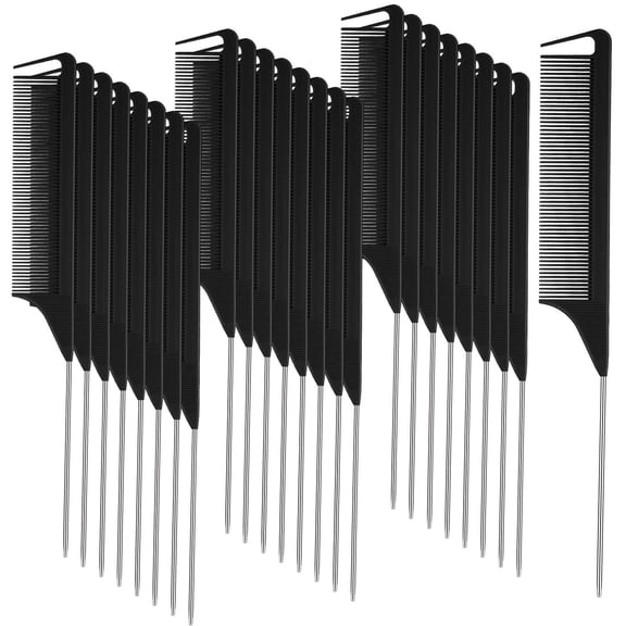 30 Pieces Parting Comb for Braids Hair Rat Tail Comb Steel Pin Rat Tail Carbon Fiber Heat Resistant Teasing Combs with Stainless Steel Pintail (Black) Black 30 Count (Pack of 1)