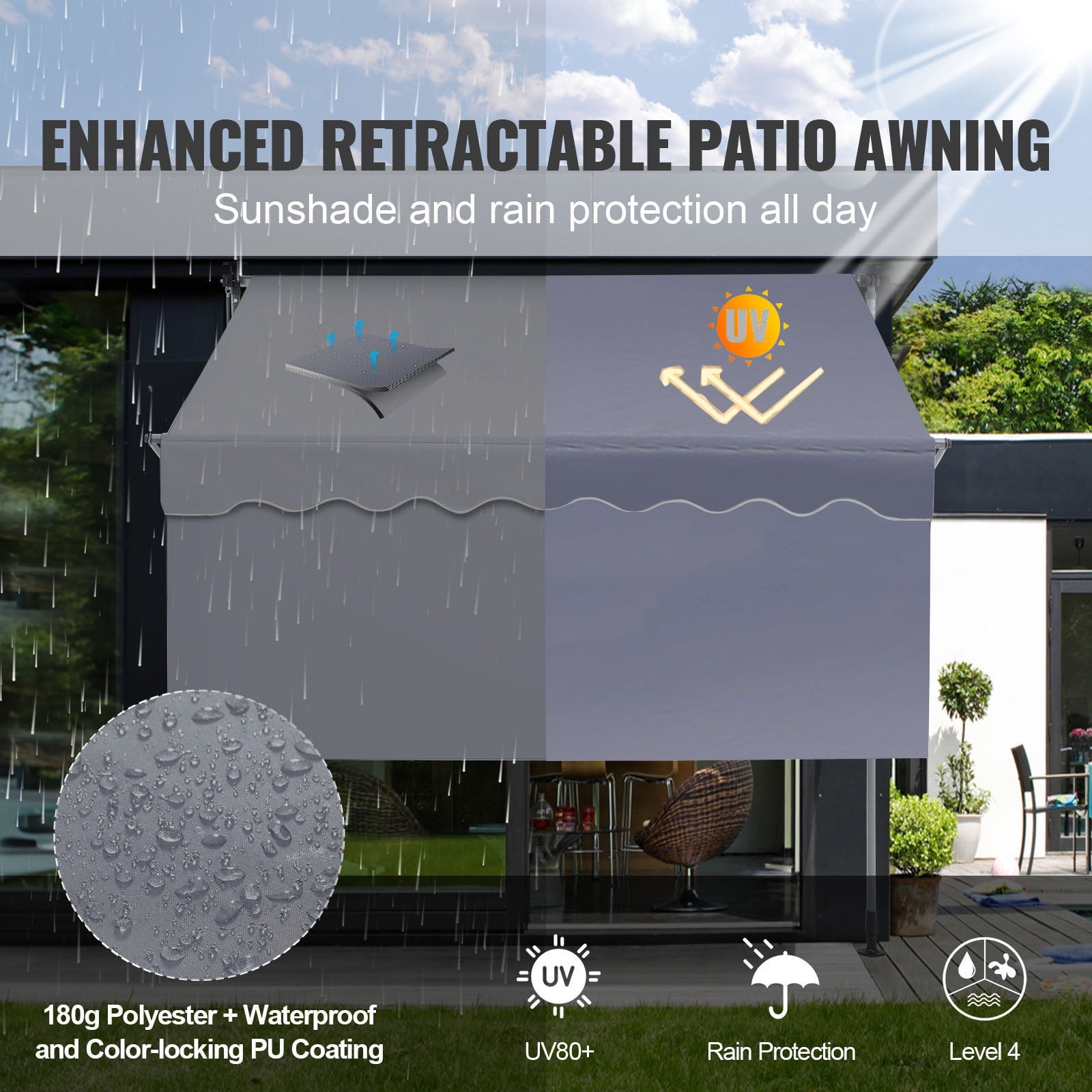 KFFKFF Hand-Operated Sunshade, 78" Exterior Pull-Out Terrace Sun Protection Cover, Modifiable Porch Door Window Shade with 39" Sun Block Curtain for Outdoor Space, Lawn, Veranda