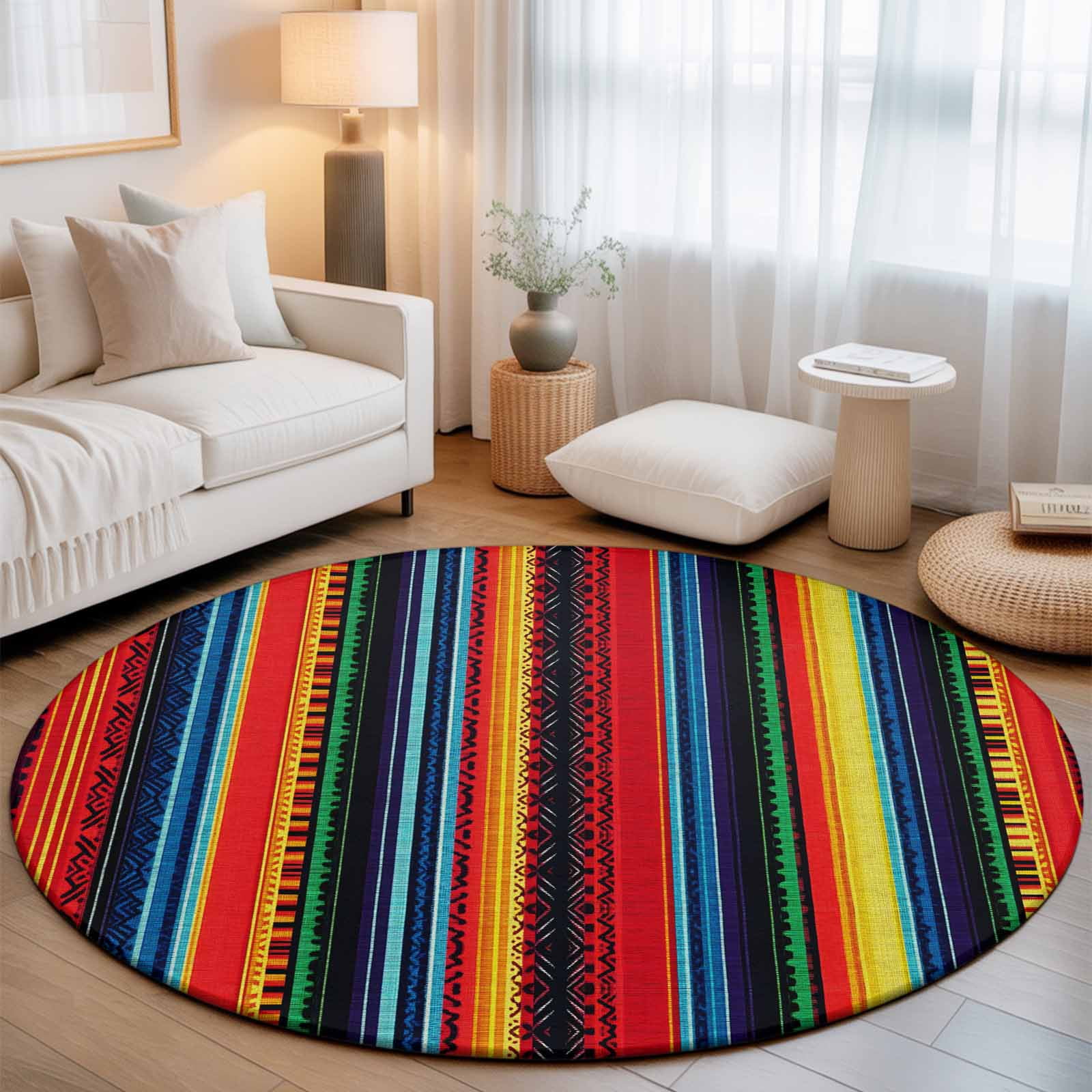 Round Rug 3ft Area Rug Abstract Colorful Stripe Area Rugs for Living Room Bedroom Ref Blue Yellow Line Floor Mat Non-Slip Non-Shedding Carpet Indoor Accent Rugs