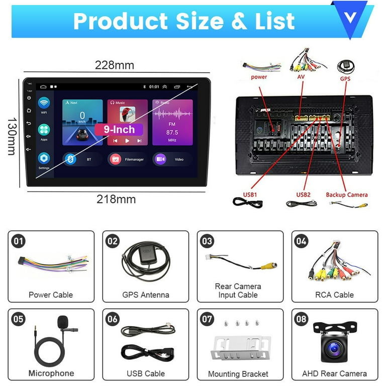 Podofo 2+64G Universal 9'' Double Din Car Stereo Radio Wireless Carplay Android  Auto Mirror Link Touch Screen 1080P Car Multimedia Player Bluetooth USB  WIFI GPS FM, Microphone&AHD Backup Camera 