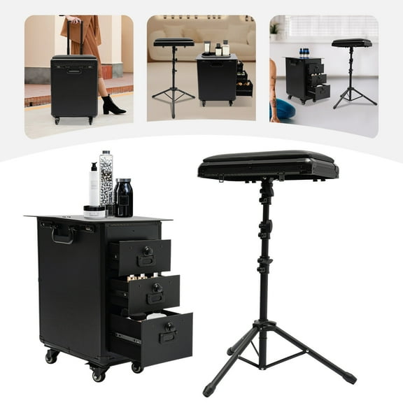 Rolling Makeup Train Case with Table Tattoo Nail Desk Mobile Manicure Station