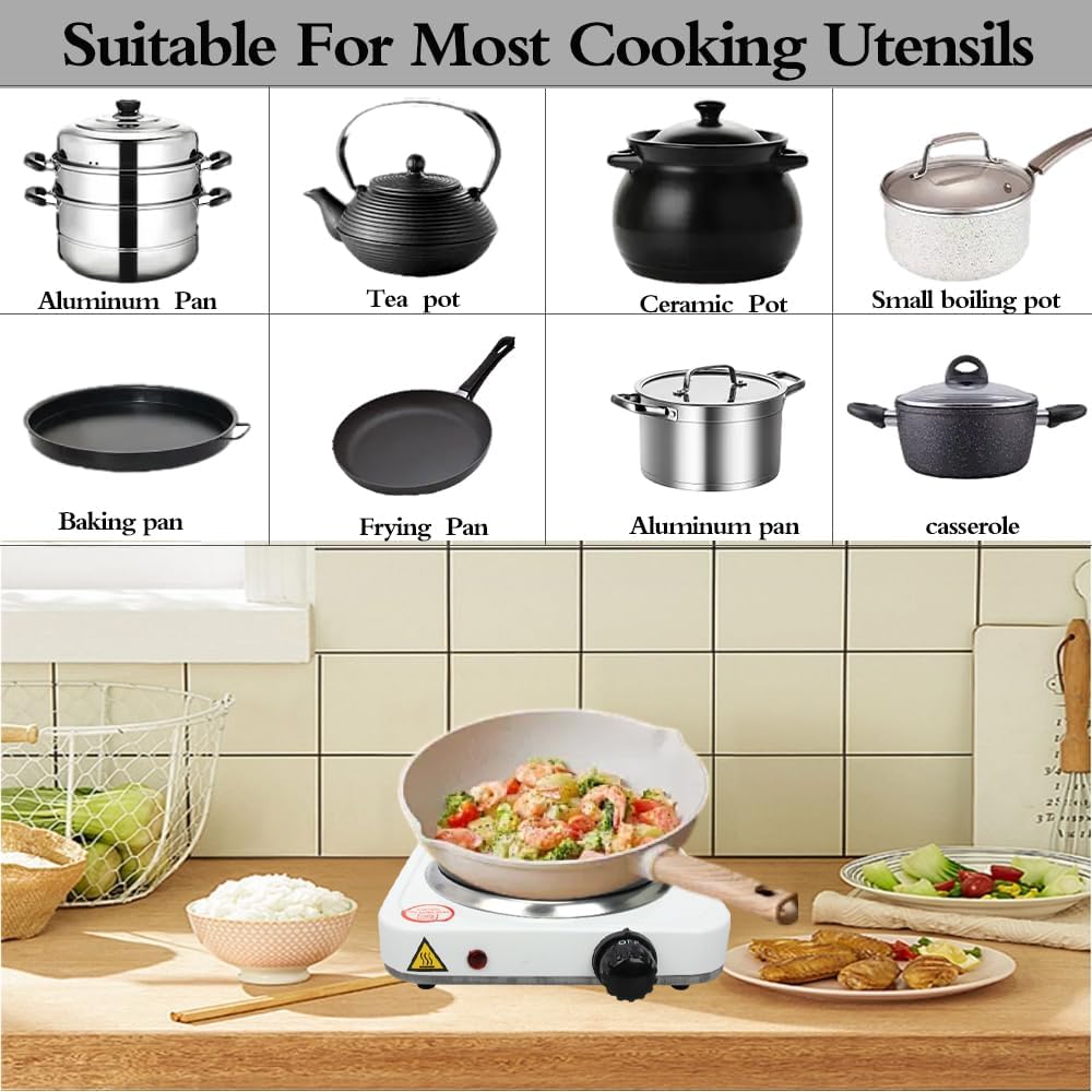 Oenbopo Electric Countertop Single Burner, 1000W Cooktop with Cast Iron Hot Plate, Temperature Controls, Power Indicator Lights, Easy to Clean, White