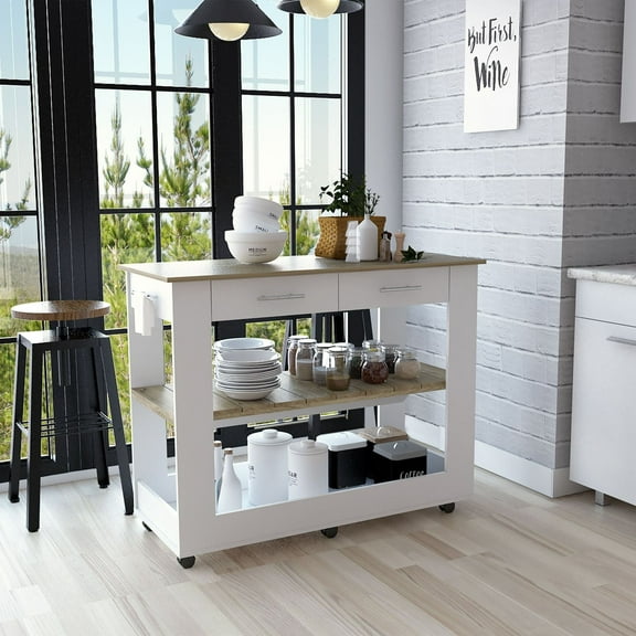 Kitchen Island Furniture Kitchen Island 36" H, Six Casters, Two Drawers, Two Open Storage Shelves, Towel Hanger, White/Light Oak,Dining Kitchen Carts