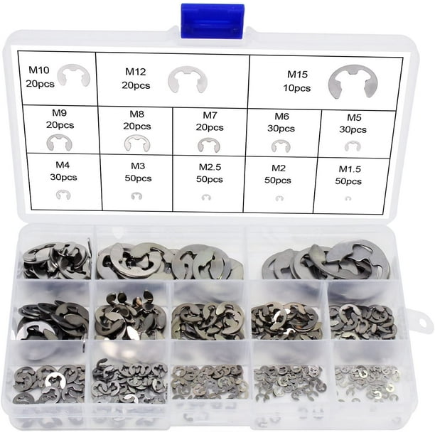 400PCS 13 Tamaño de acero inoxidable E-Clip Anillo de retención Kit de surtido de anillos de presión externos Anillo de seguridad interno 1.5/2/2.5/3/4/5/6/7/8/9/10/12/15 mm Con caja de plástico MFZFUKR YQ-1046