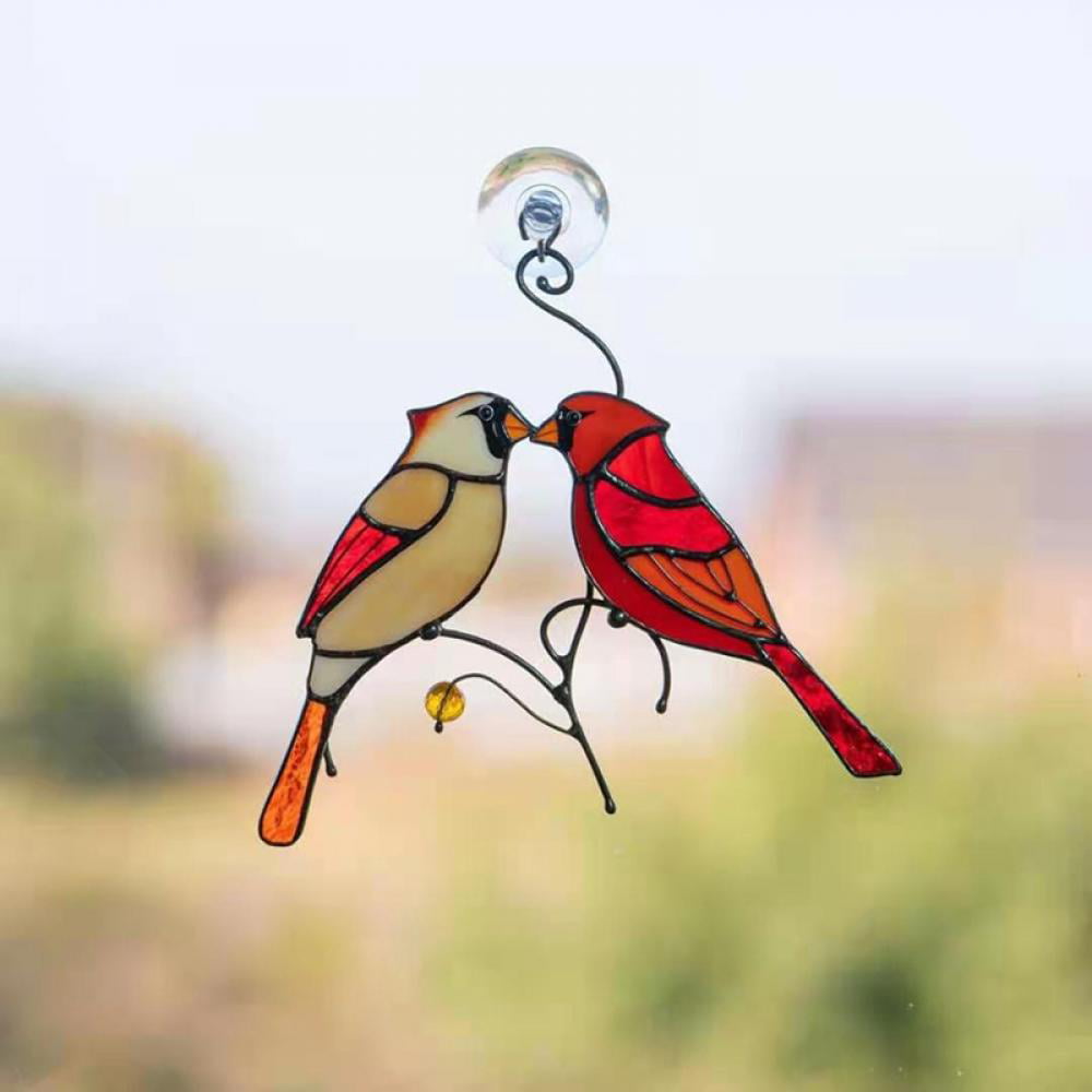 Pair of Cardinal Bird Stained Glass Ornament Red Window Hanging Ornament Decoration for Window Decoration Outdoor Garden Decor A Lovely Gift for Family #E 