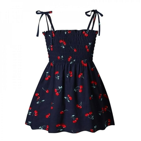 

Moresave 1Pc Summer Baby Girl Cherry Print Sleeveless Sling Dress Casual Kids Cotton Sundress Navy Blue 120