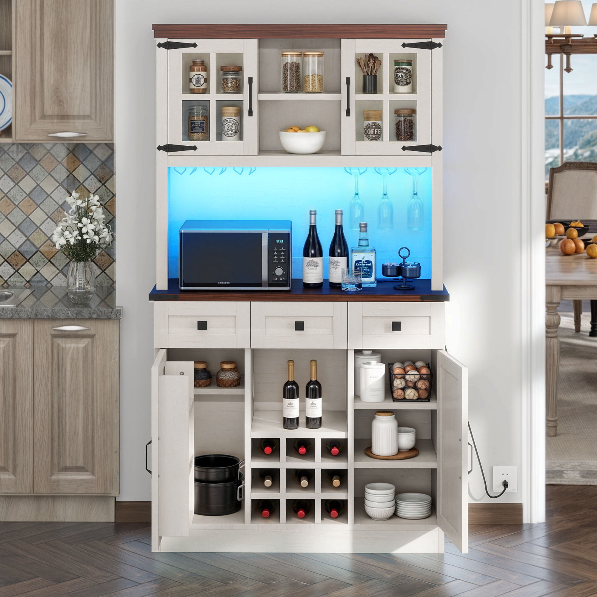 Uforic Bar Cabinet with Wine Rack & LED Lights, Wine Buffet Cabinet with Drawers & Power Outlets, White