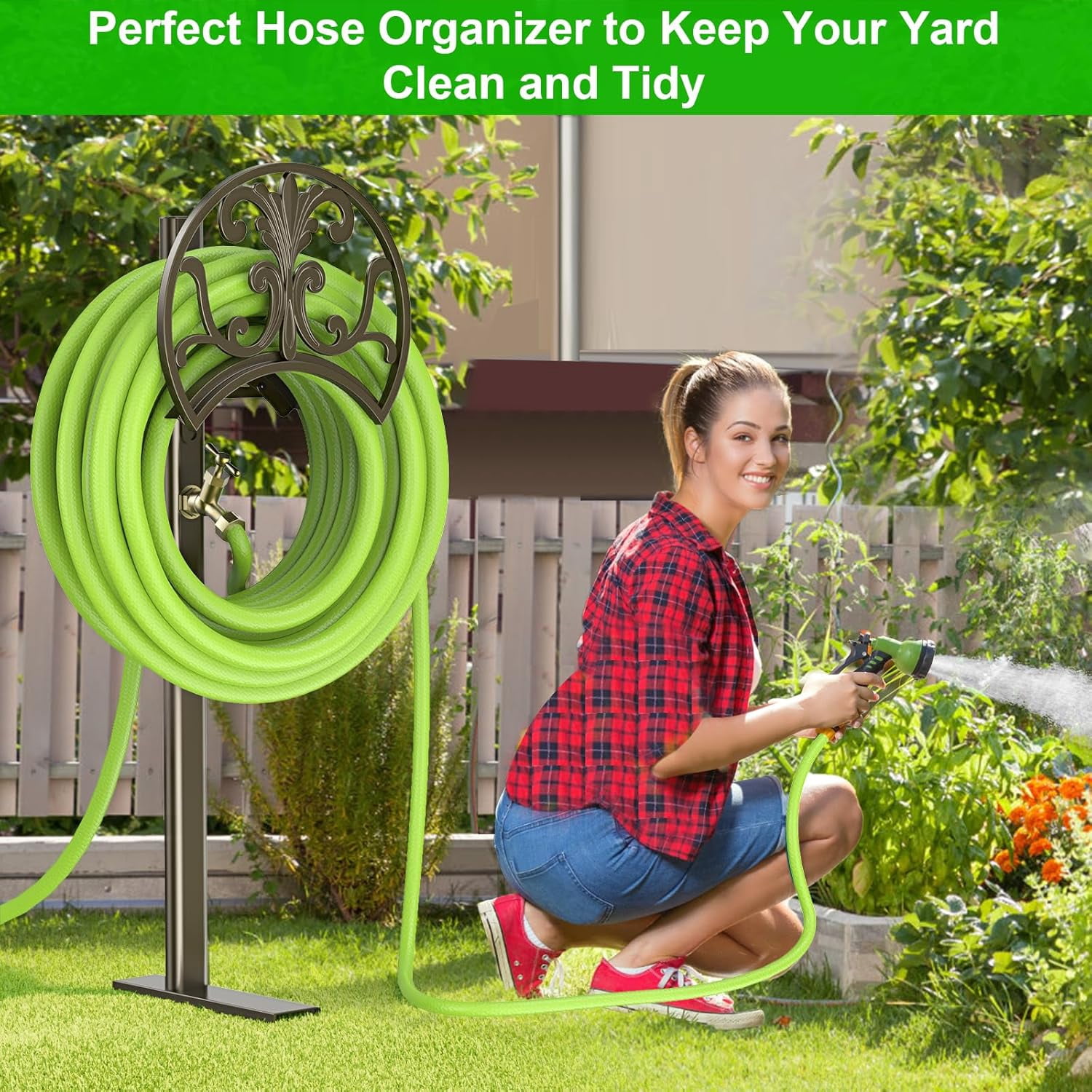 Garden Hose Stand with Brass Faucet, Detachable Heavy Duty Water Hose Holder, Freestanding Metal Hose Reel Decorative Storage Hanger Holds 150-Feet Hose for Outside Patio Lawn Yard