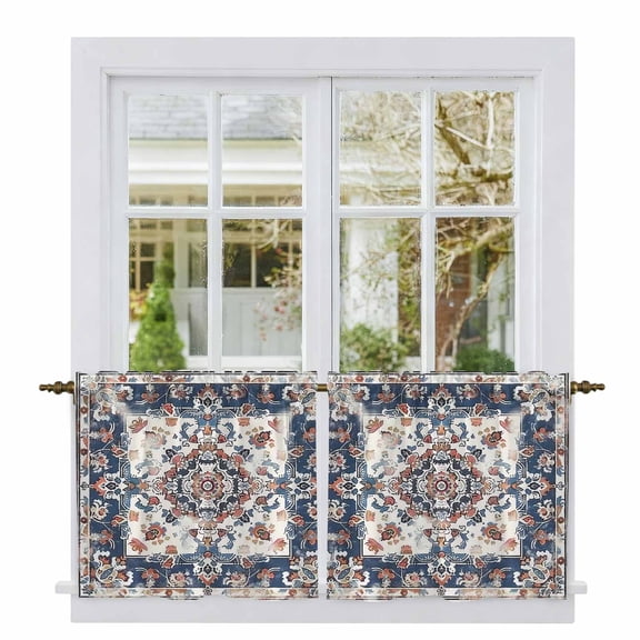 Boho Navy Blue Red Tier Curtains, Southwestern Geometric Vintage Art Light Filtering Kitchen Curtains, 2Pcs Rod Pocket Half Window Treatments Panels for Sink Cafe Cabinet Camper 27.5x24 Inches