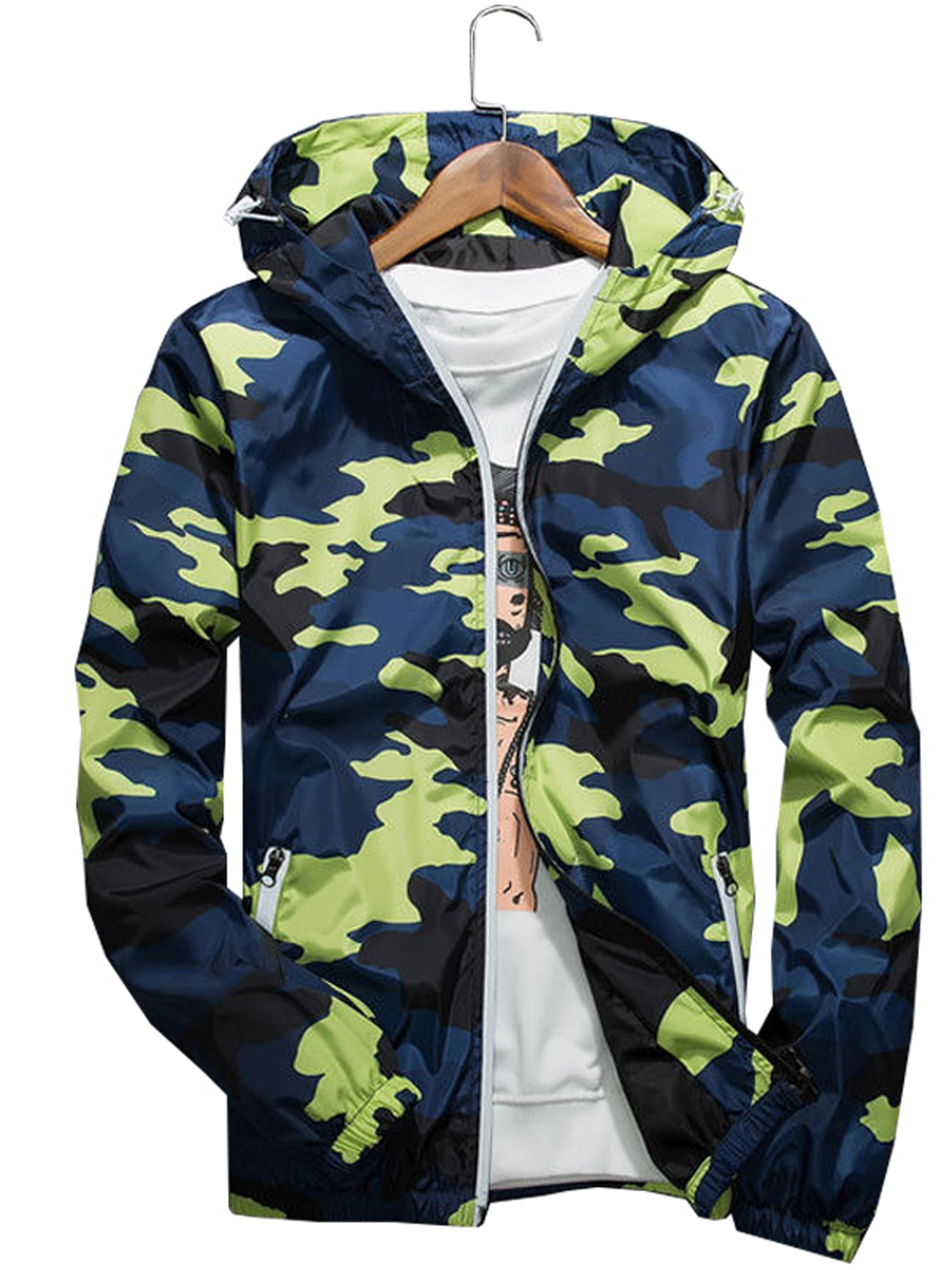 Fall Winter Hooded WindBreaker Zipper Outdoor Windproof Patchwork Lightweight Loose Coat XXBR Camo Jackets for Mens 