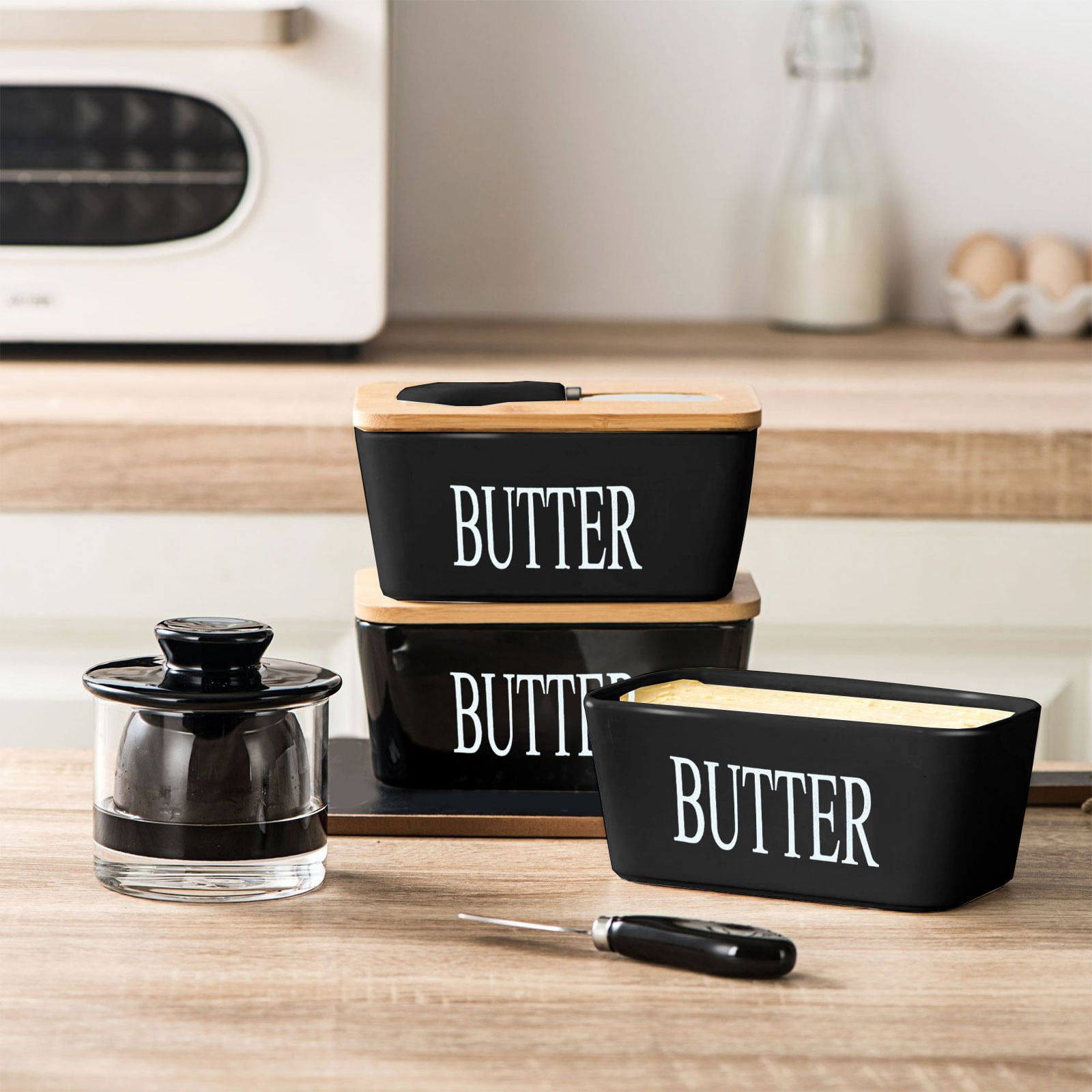 HOZVOMI Ceramic Butters Storage Box - Nordic Style Ceramic Jar with Lid and Cutting Tools for Cheese and Butters Storage