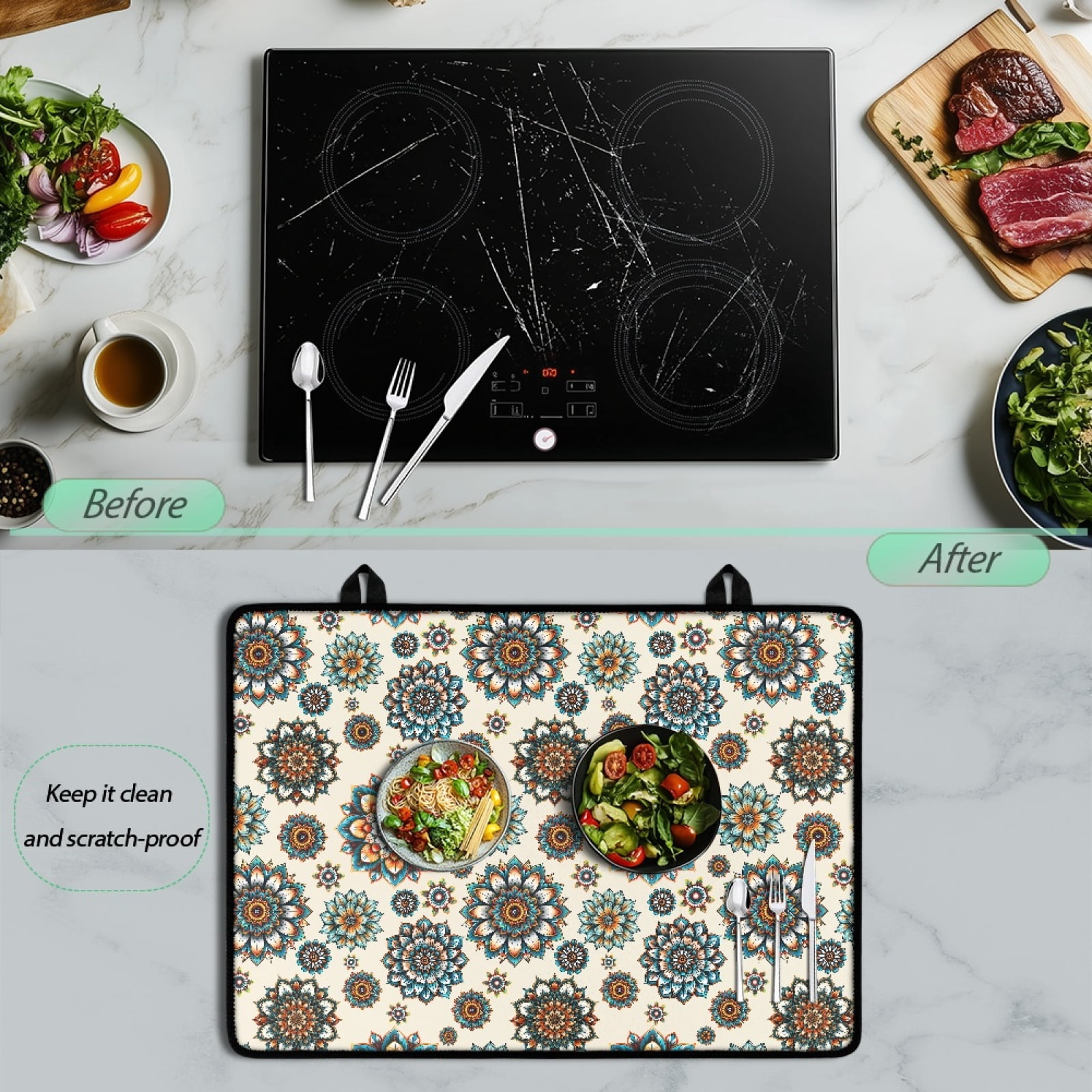Renewold Ceramic Glass Stove Top Cover Stove Mat Stove Burner Cover Multipurpose Rubber Desk Saver Pad Washer Dryer Top Cover Range Cover for Counter Top, Bohemian Flower Beige