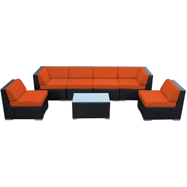 Ohana 7 Piece Outdoor Patio Furniture Sectional Conversation Set Black Wicker With Orange Cushions No Assembly Free Cover Com Ohana 7 Piece Outdoor Patio Furniture, Is Ohana Furniture Good