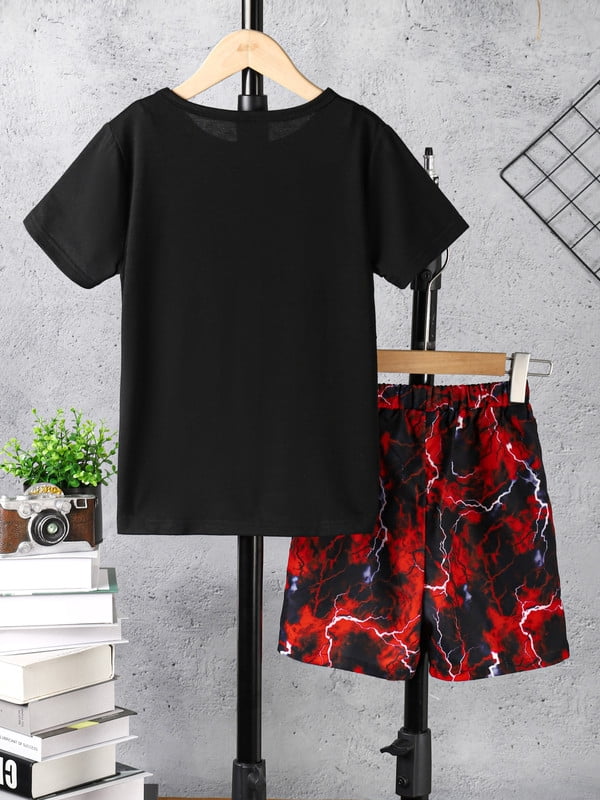 11-12 Years Big Boys Kids Boys Clothes Lightning Print Splice Summer T-shirts Elastic Shorts 2PCS Outfits Sets Black