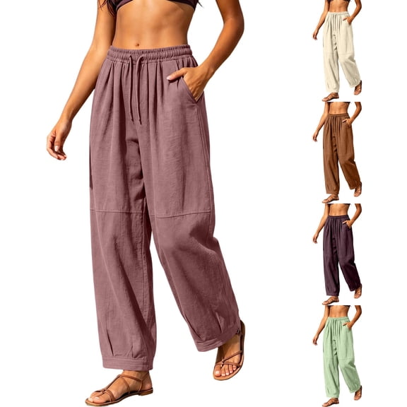 CHGBMOK Womens Cotton Linen Pants Baggy Boho Casual Palazzo Pants Wide Leg Long Lounge Trousers with Pockets