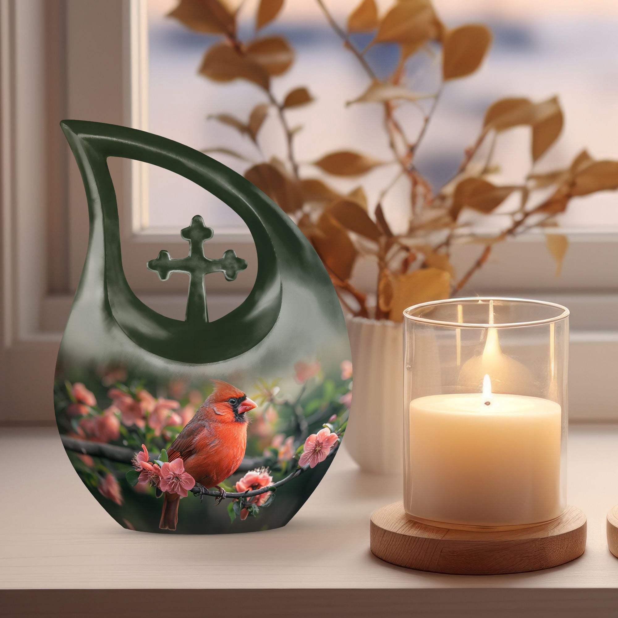 MUKTIVE Red Cardinal Bird on Blossom Tree Funeral Urn for Ashes Women & Men, Decorative Memorial Urn for Human Ashes, Combo Set, (1 Large 10 ", 4 Keepsake 3 ")