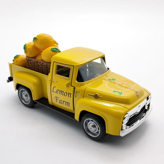 Lemon Decoration,Fruit Metal Truck Decor,Fresh Holiday Summer Metal Truck with 8 Lemons Ornaments,Harvest Farmhouse Vintage Pickup Car Decor for Tabletop Centerpiece Home Kitchen Decorations