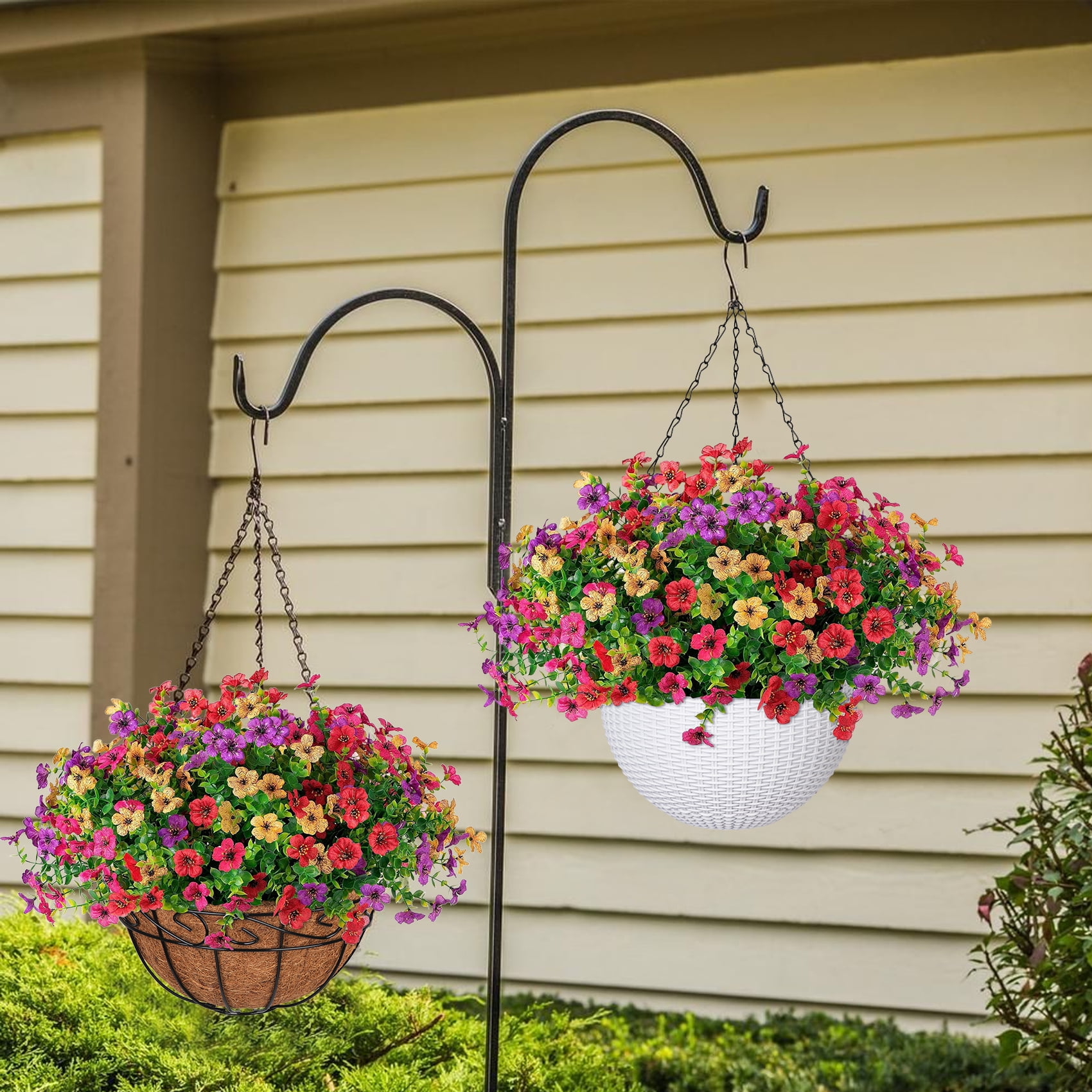 Scidweet Artificial Hanging Flowers, 12 Pcs Fake Flowers Faux Plants with Coconut Lining Basket for Outdoor Indoor Spring Summer Decoration for Home Garden