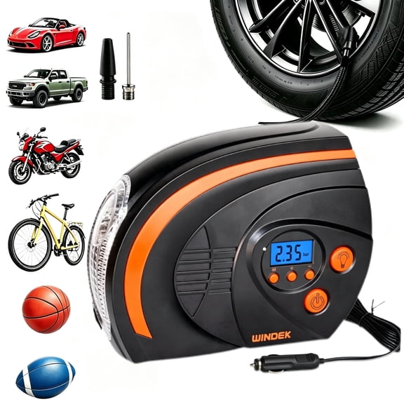 WINDEK Tire Inflator Portable Air Compressor 12V DC, 120PSI, LED Light, Digital Pressure Gauge, Auto Shutoff, Electric Air Pump for Car Tires, Bike, Motorcycle, Sports Balls
