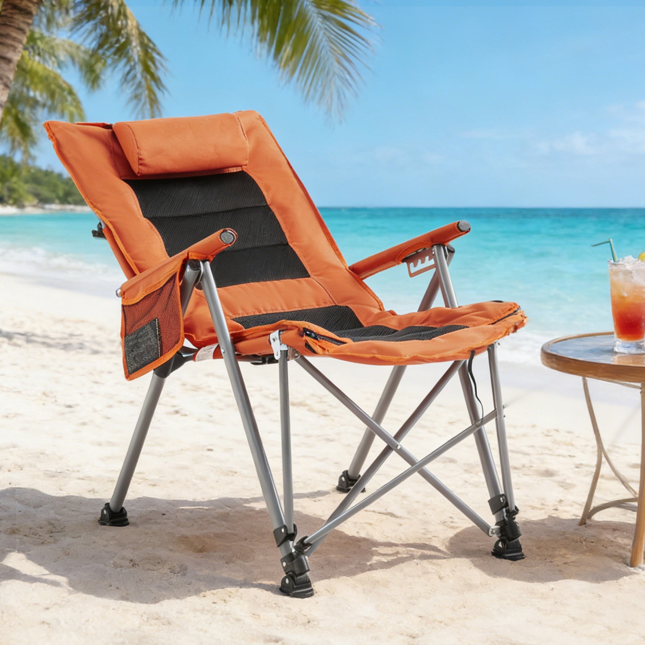 BSHTI Outdoor Folding Beach & Camping Chair with Footrest – 5-Position Adjustable Back, Heavy-Duty Steel Frame, Side Pocket, Carrying Bag Included – No Assembly Required