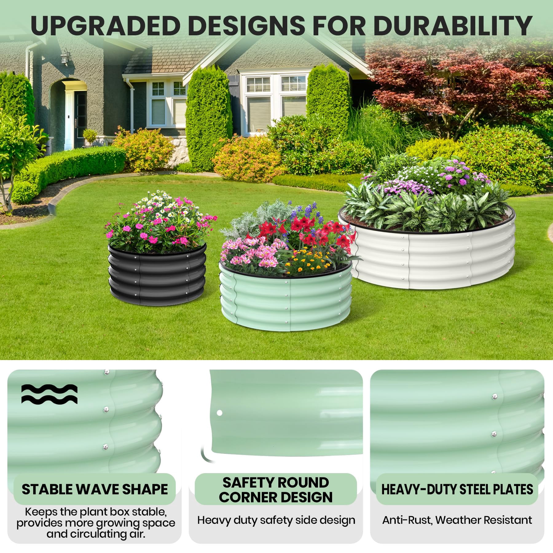 Yeshouse Round Galvanized Raised Garden Bed - 2FT/3FT/4FT Sizes - Outdoor Flower & Vegetable Bed - Heavy - Duty & Open - Bottom Design