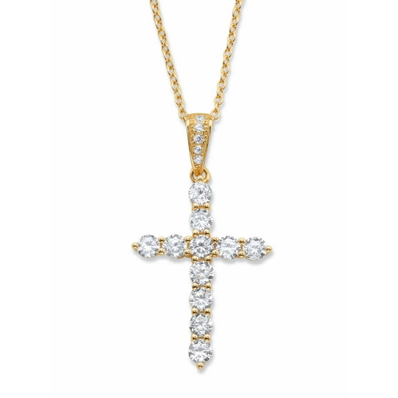 PalmBeach Jewelry Round Cubic Zirconia Cross Pendant Necklace 1.14 TCW in Gold-Plated or Sterling Silver 16"-18"