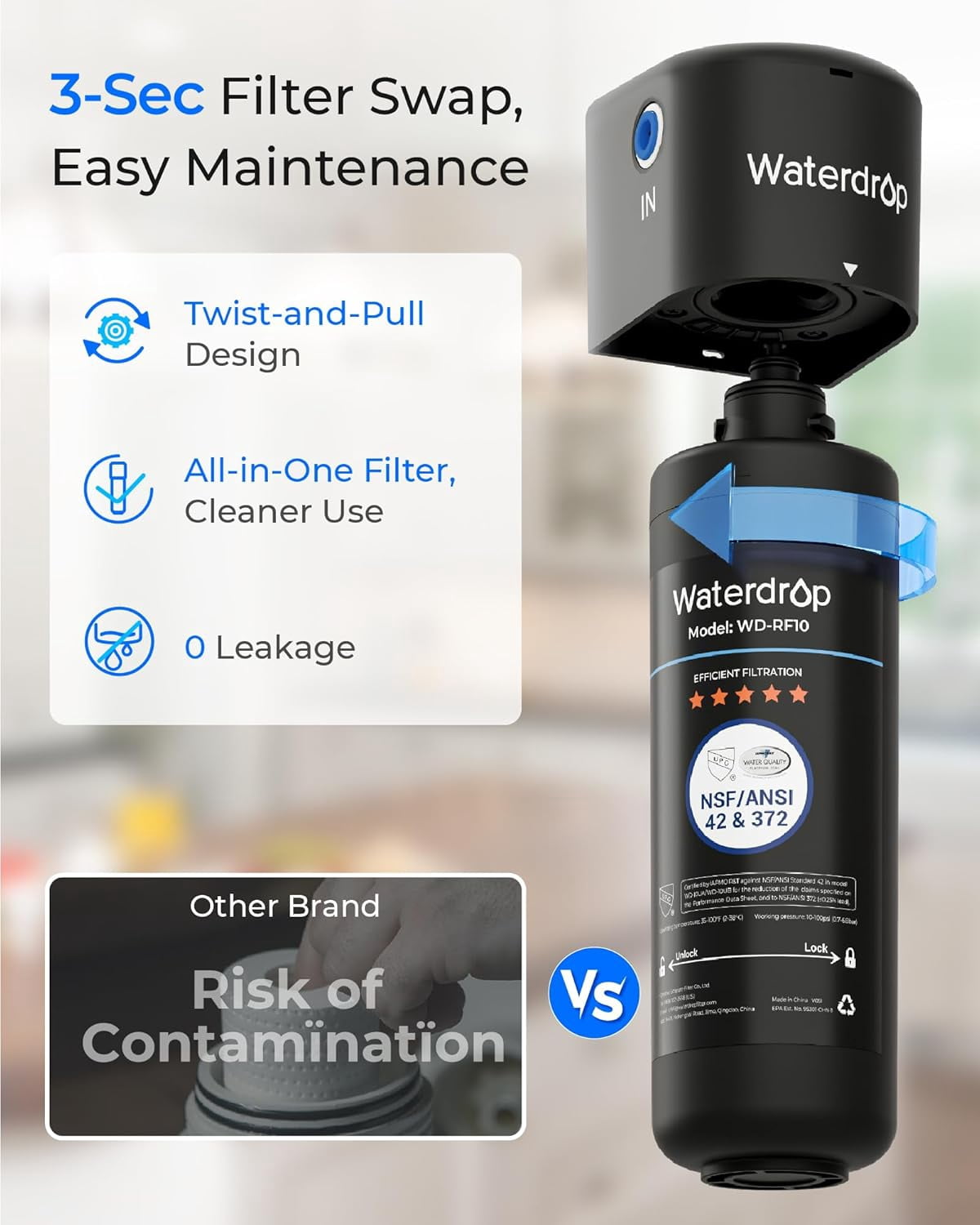 Waterdrop 10UA Under Sink Water Filter System, 8K Gallons High Chlorine Reduction Water Filtration System,Bad Taste & Odor, Under Counter Direct Connect to Kitchen Faucet