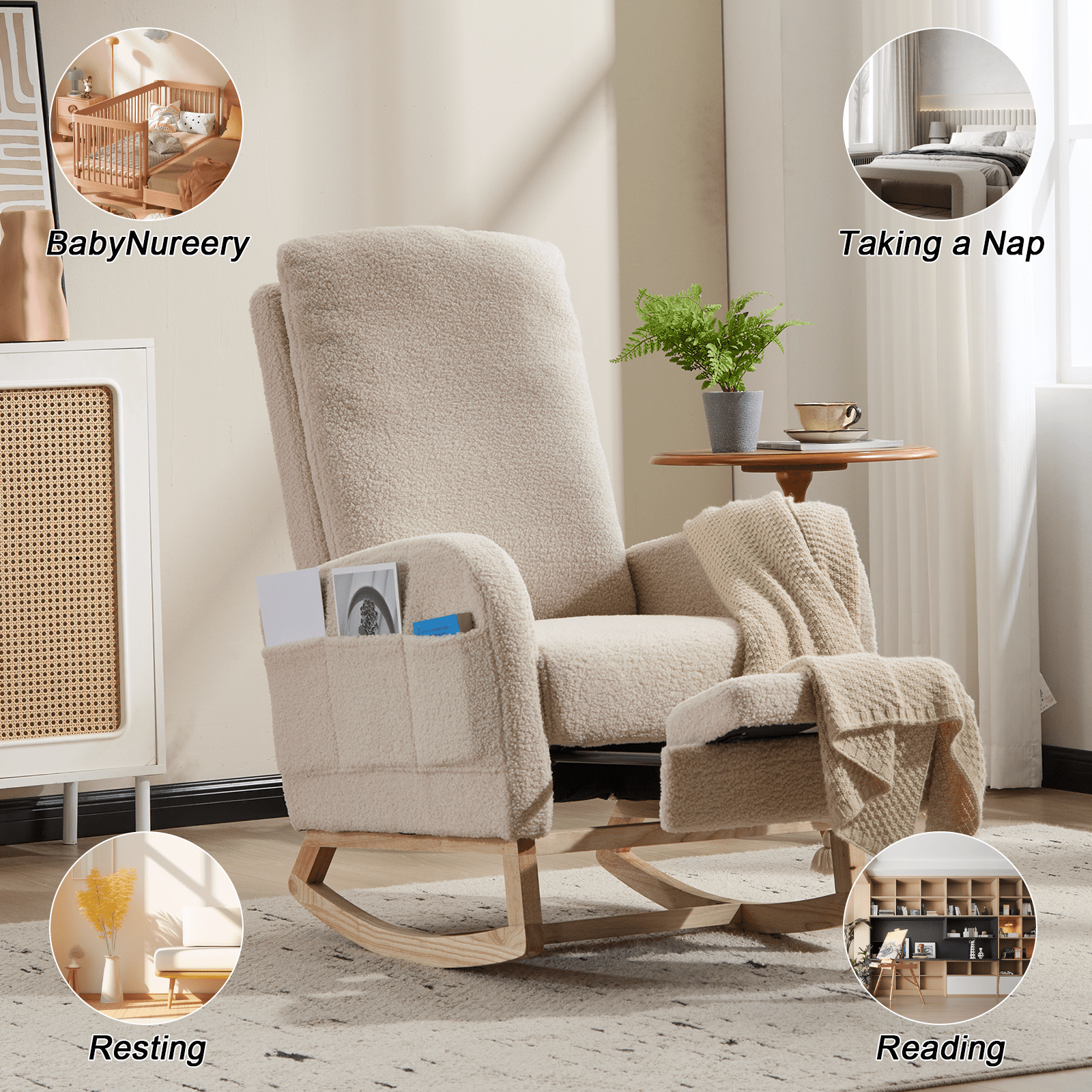FFZ Modern Accent Rocking Chair Solid Wood Legs Upholstered Nursery Glider Footrest Beige Teddy