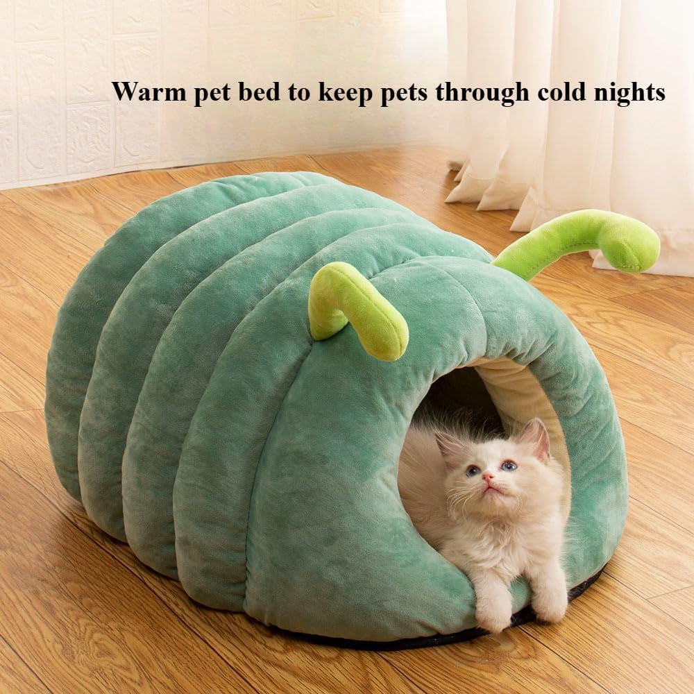 Colourtree Medium Grass Green Cute House Pet Nest Warm Soft Plush Cat Bed Cartoon Caterpillar Warm Thick Dog House Cat House Foldable Washable Pet Supplies Cat Tent
