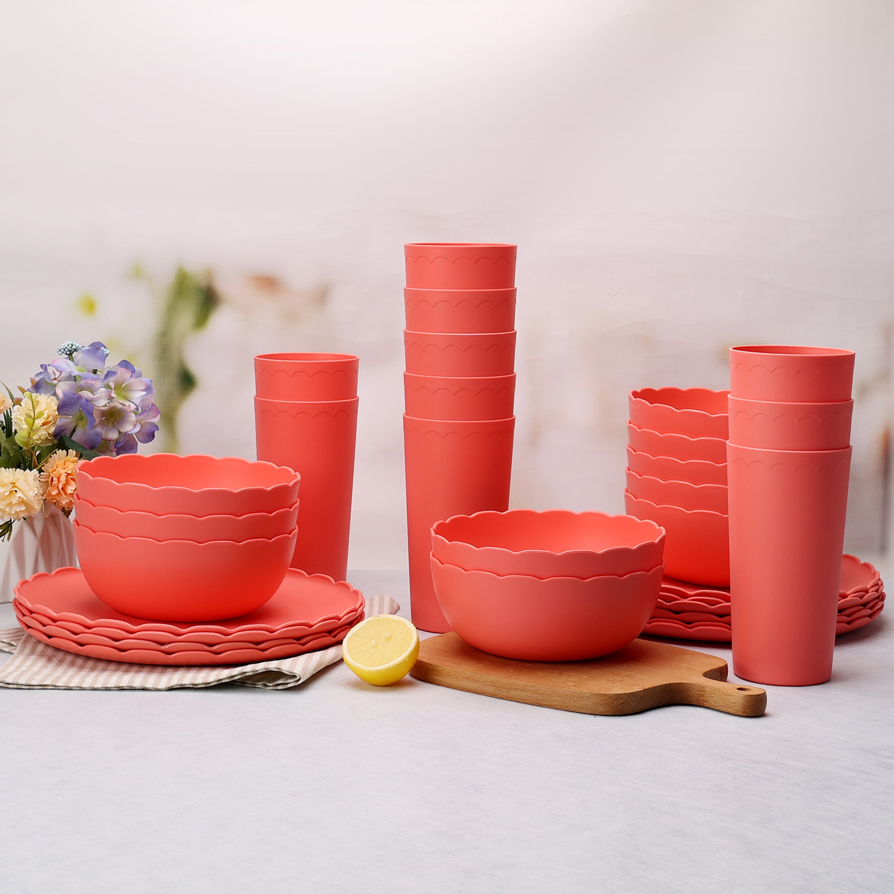 Mainstays 30-Piece Plastic Scalloped Dinnerware Bundle Set, Coral