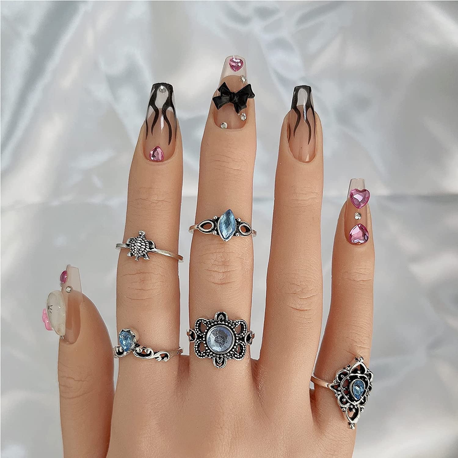 24 Pcs Press on Nails Long with Flash Diamond Crystal, Fake Nails