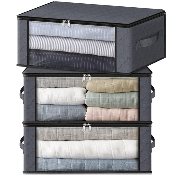 Dihmpor 3-Pack Foldable Clothes Storage Bags, 35L Closet Organizer Containers with Reinforced Handles & Clear Window, Breathable Gray Fabric for Bedding, Blankets, and Comforters
