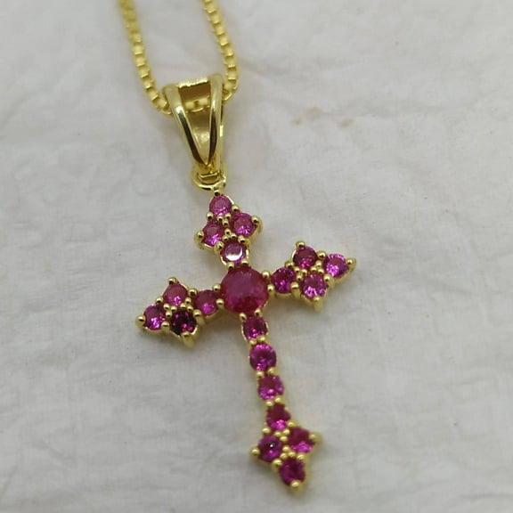 2.00Ct Round Cut Red Ruby Cross Pendant Necklace – 14K Yellow Gold Plated Sterling Silver Religious Charm with 18" Free Chain – Graduated Faith Jewelry