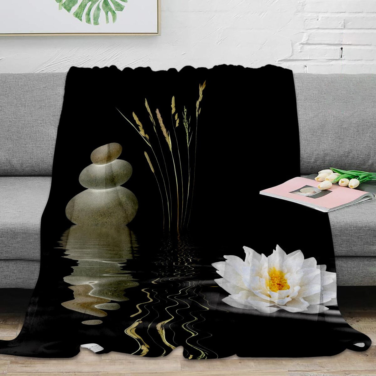 Zen Stones White Flower Lotus Black Throw Blanket Portable Warm Blanket