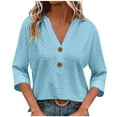 thumbnail image 3 of Women's Casual Short Sleeve V Neck Button Down Tops Shirts Blouses Solid Color Loose Fit Fashion Essential for Work Office and Vacation Outfits Gift for Ladies | Sopatenor,Light Blue XL, 3 of 9