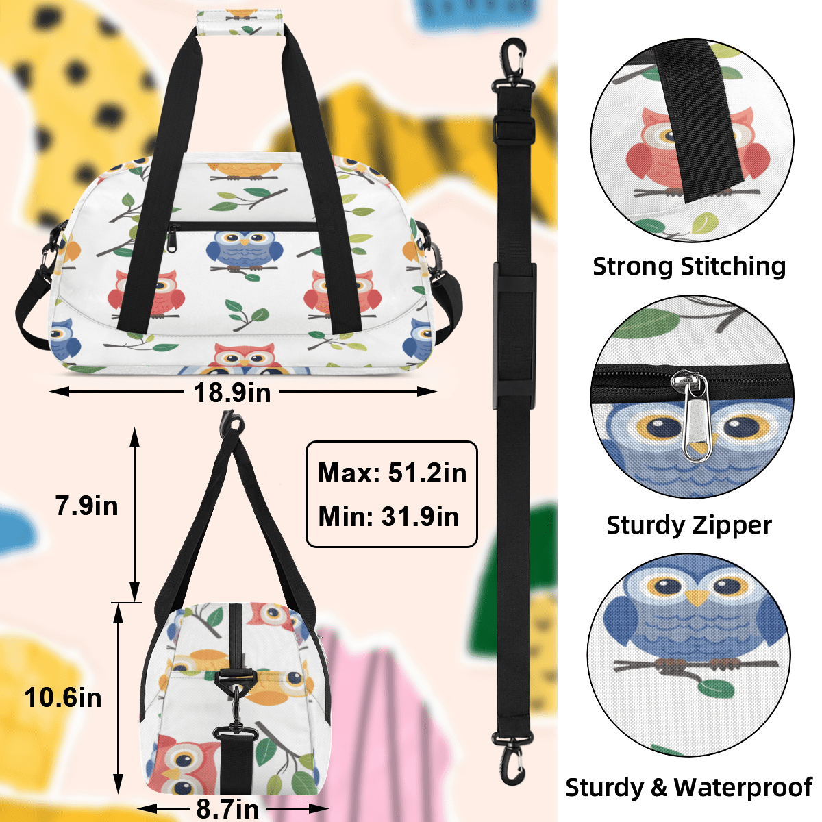 Herdesigns Owls Sports Duffle Bag for Women & Men, Gym Bag Dance Bag Overnight Bag Carry On Weekender Travel Bag