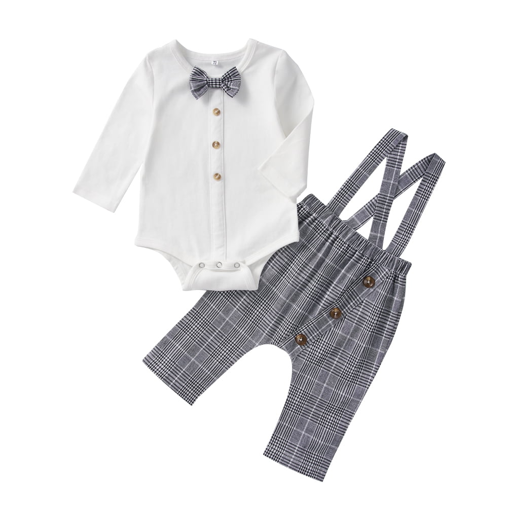 Baby Boy Suspender Outfits Long Sleeve Bowtie Bodysuits Romper Tops